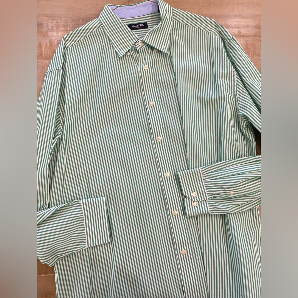 Nautica Mens button down collar dress shirt green striped